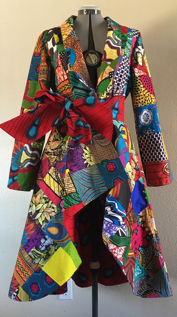 african print patchwork coat dress high low with pockets and page title design