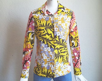 Vintage 70s Jack Hartley Pop Art Mod Floral Jersey Knit Shirt M