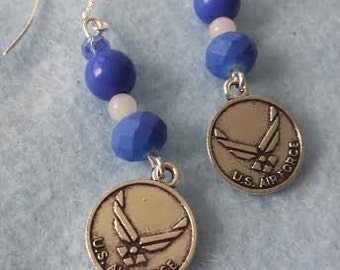 Earrings: blue and white with Air Force charms FREE SHIPPING!