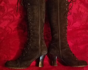 Black Suede Leather Knee High Lace Up Boots Size 6, Gothic Witchy