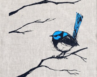 Tea Towel, Superb Fairy Wren Screen Printed Tea Towel in Linen, Australian Native Bird, Blue Wren