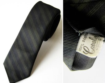 Vintage Skinny Tie Olive Green Navy Blue Striped Cavalier Dacron , SALE