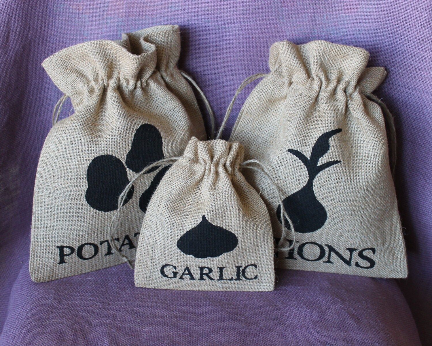Burlap onion garlic and potato storage bag set. Garden