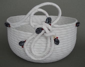 Whtie Swirl Basket, coiled fabric basket, clothesline basket