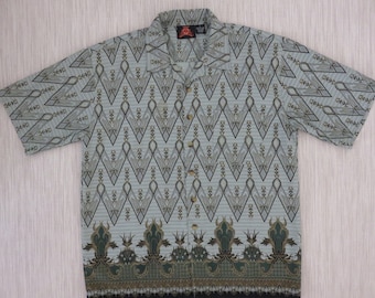 Batik Shirt 7 DIAMONDS Hawaiian Shirt Vintage Ethnic Hipster Boho Hippie India Print Tropical Bohemian Mens - L - Oahu Lew's Shirt Shack