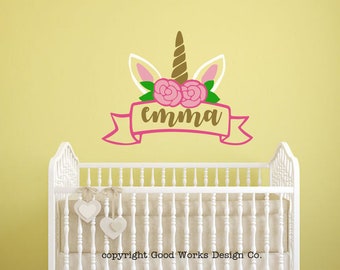 Unicorn wall decal - girls name personalized unicorn wall decal - unicorn monogram wall decal