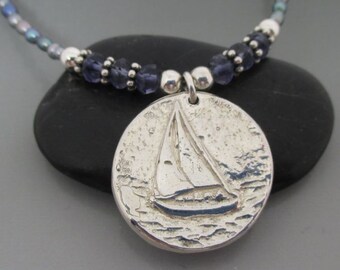 Fine Silver Sailboat Iolite Freshwater Pearl Necklace