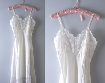 Vintage White Slip Dress | 1970s B. Dalton & Co White Satin Slip Dress L | White Bridal Slip Dress