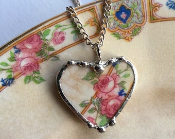 Broken china jewelry - beautiful heart pendant - broken china jewelry necklace - antique pink roses blue flowers, Dishfunctional Designs