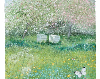 Sunny Orchard, Beehives in a Wildflower Orchard Print
