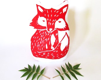 Fox Shaped Animal Pillow. Woodblock Printed. Choose Any Color. Made to Order.