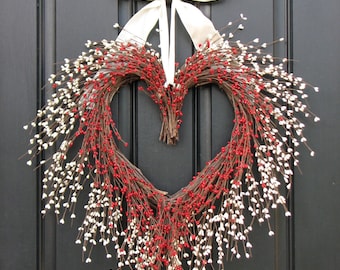 Heart Shaped Wreath - Valentine Wreath - Red and White Heart Wreath