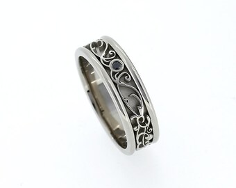 Wide white gold filigree wedding band men wedding ring