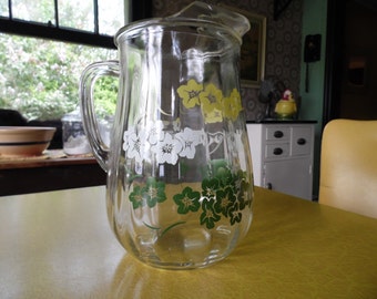 Vintage Pitcher, Large Hawaiian Style Pitcher, Big Glass Pitcher, Glass Pitcher With Hibiscus Flowers, Pitcher for Your Tiki Bar