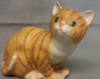 Tan and Beige with Stripes Cat with Green Eyes Cat Figurine