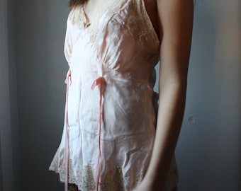 Vintage pink silk slip with lace trim / vintage 1950s lingerie