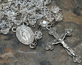 Czech Crystal Rosary of Clear Crystal, 5 Decade Rosary, Catholic Rosary, April Rosary, Birthstone Rosary, Large Rosary, Miraculous Medal