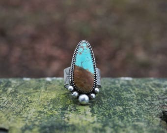 Number 8 Turquoise Drop Ring with Stamped Silver Wide Band