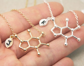 Caffeine Necklace, personalized initial, coffee necklace, chemistry necklace, science necklace, geometry necklace, graduation necklace SC003