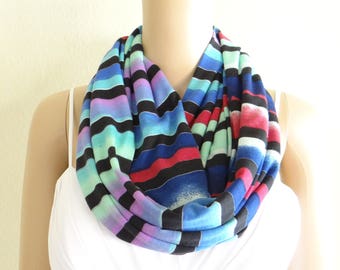 Stripe Infinity Scarf. Stripe Circle Scarf. Soft Cotton Spandex Loop Scarf.