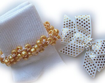Kathy's Beaded Socks - Gold Stars on White Socks and Hairbow, holiday socks, pony bead socks, gold socks, pearl socks, feather socks