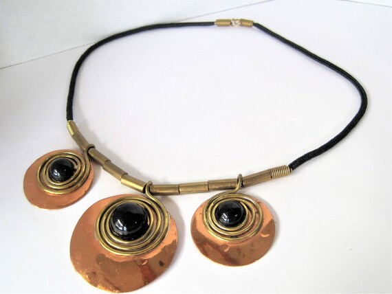 Copper Disc Necklace, Boho Mixed Metal, Brass Copper Discs, Black Lucite Center, 70's Boho Choker