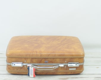 Vintage 1970s Suitcase American Tourister Luggage Caramel Color Travel Overnite
