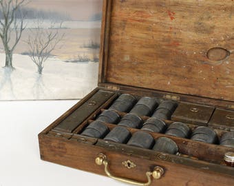 French Antique Artist Paint Box.....15.1/2" x 10.1/2" x 3.1/2"...Contents include Nineteen Metal Pots and Paint Board....Beautiful.