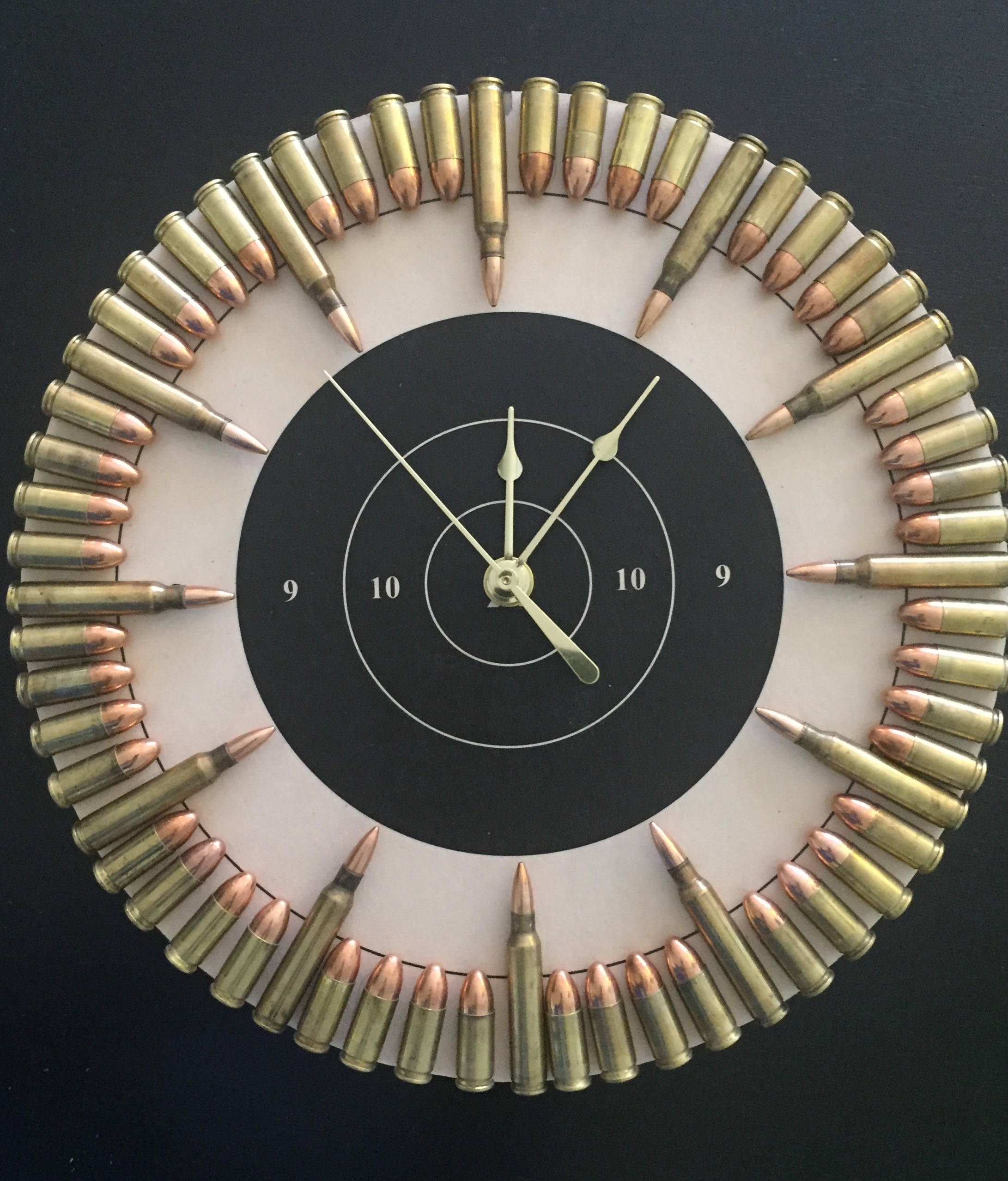 Bullet Clock on Target with Inert Ammo. Great gift for