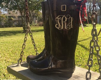Brown womens Rain boots with bows, Red Plaid, custom Monogram, Ivory