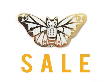 SECONDS SALE White Moth Cat Enamel Pin - cat enamel pin - Moth enamel pin - Butterfly enamel Pin - lapel pin hat pin