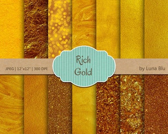 Gold Digital Paper: "Gold Textures" rich gold scrapbooking paper, textured backgrounds, with bokeh, foil paper, canvas, painted textures