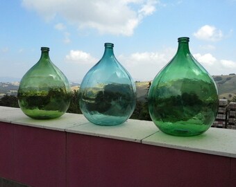Set of three antique italian demijohns, ancient bonbonnes