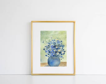 ORIGINAL Watercolor of Wildflowers in Blue Vase