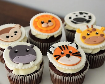 12 Safari animals edible fondant cupcake toppers. Baby shower party decorations. Birthday party supplies. 100% edible and handmade.
