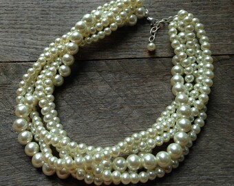 Ivory Chunky Pearl Necklace, Multi Strand Wedding Necklace, Pearl Statement Necklace on Silver or Gold Chain