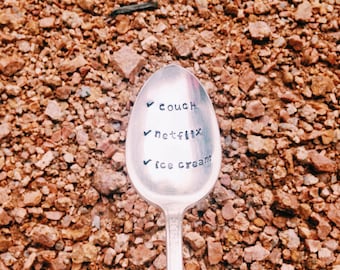 Comfort Spoon | checklist: couch netflix ice cream stamped spoon | silver plated spoon