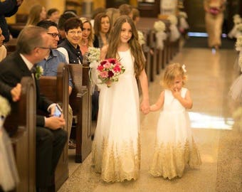 Light Ivory Flower Girl Dress with Gold Embroidery Straps Ivory Baby Girl Dress Ivory Embroidery Flower Girl Dress Floor-length