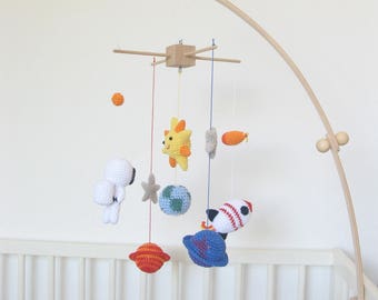 Outer Space Mobile, Solar System Baby Mobile, Space Nursery Mobile with Crochet Sun, Stars, Planets, Earth, Astronaut, Rocket, Fireball
