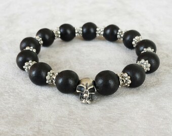 Skull bracelet, Sterling Silver bracelet for men, Anniversary gift for him, Black wood beaded bracelet, gift for biker, gift for husband