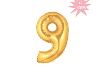 Gold Foil Number Nine Balloon - Jumbo Gold Mylar Balloon, Gold Foil 9 Balloon, 40 Inch Birthday Balloon, 40 Inch Number Balloon