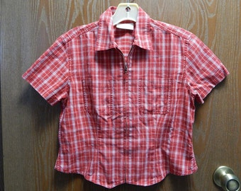 Liz Claiborne Womens Petite/Small Red Checkered Zipper Camp Shirt/Top/Blouse