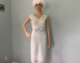 1960s I. Magnin's Blue Knit Flower Dress with Satin Bow