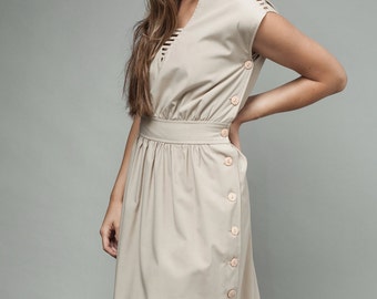 safari dress, sleeveless dress, khaki dress, vintage 70s day dress khaki safari eyelet gathered S SMALL