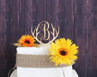 Cake Topper-Wooden Deer Antlers-Laser Engraved Antler Rack Cake Topper-Rustic Cake Topper-Wood Cake Topper-Personalized Cake Topper