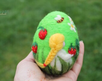 Easter Egg,Needle felted egg,Spring Ornament, Strawberries,Needle Felted Easter Egg with two little girls,Easter Gift,Original Art