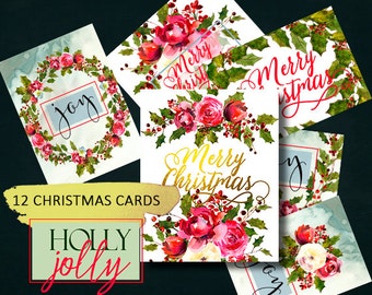 Printable Christmas Cards with Watercolor florals and Holly Steams Set of 12, 5x7' Printables Wall Decor Art