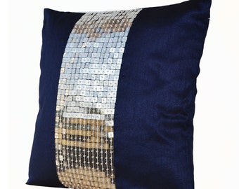 navy blue pillows, navy blue pillow cover, blue pillow, metallic throw pillow, decorative pillow with silver sequin, metallic cushions