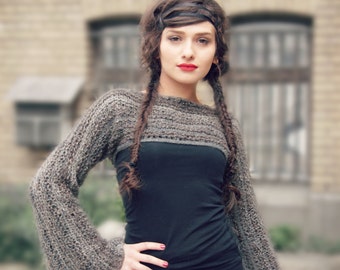 Bohemian clothing Boho sweater Fashion gift Cropped sweater Wool sweater Hand knit sweater Crochet for sale Brown sweater