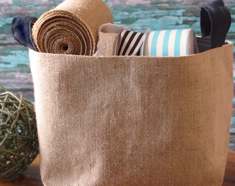 Burlap Storage Basket With Black Cotton Handles - 9" X 9" X 7"